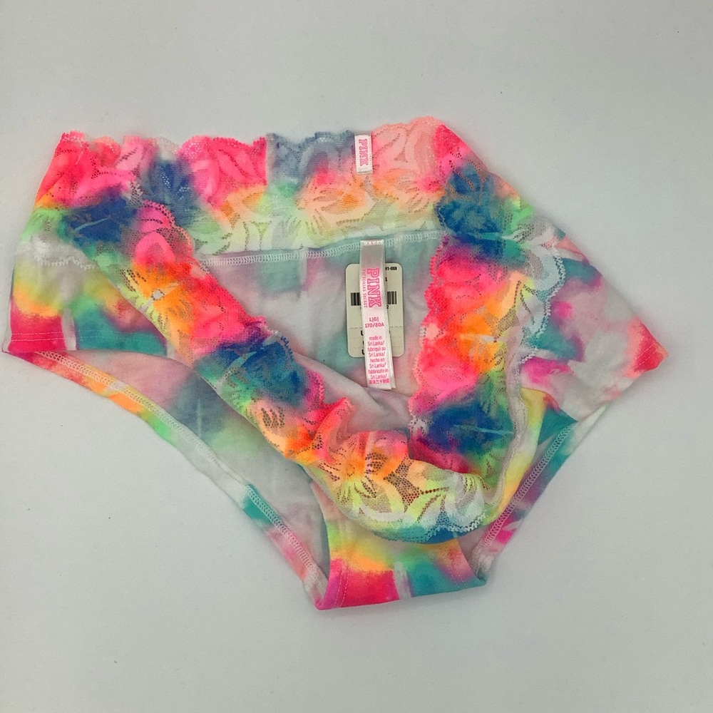 New Victoria’s Secret PINK Lace Trim Hipster Panties - Large - Rainbow Tie Dye - Picture 2 of 2